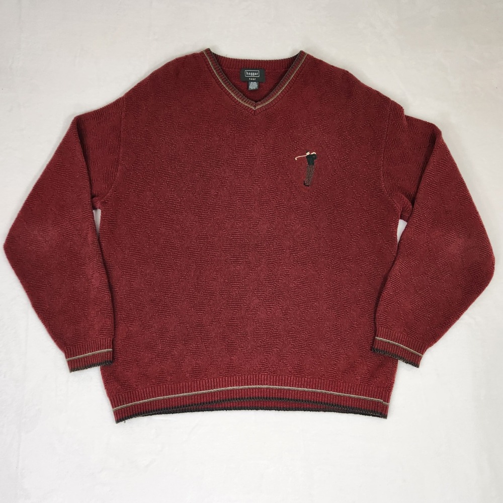 Haggar Tour Mens XL V-Neck Sweater Burgundy Red Diamond Knit Golf Embroidered